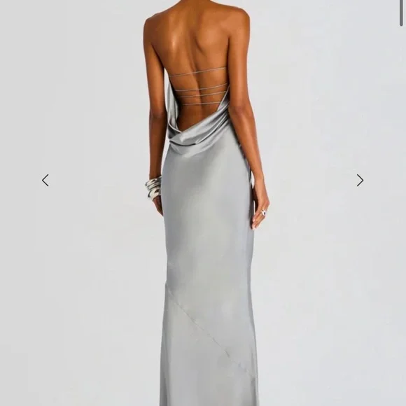 Retrofete Silver Strapless Satin Column Gown - Picture 3 of 5